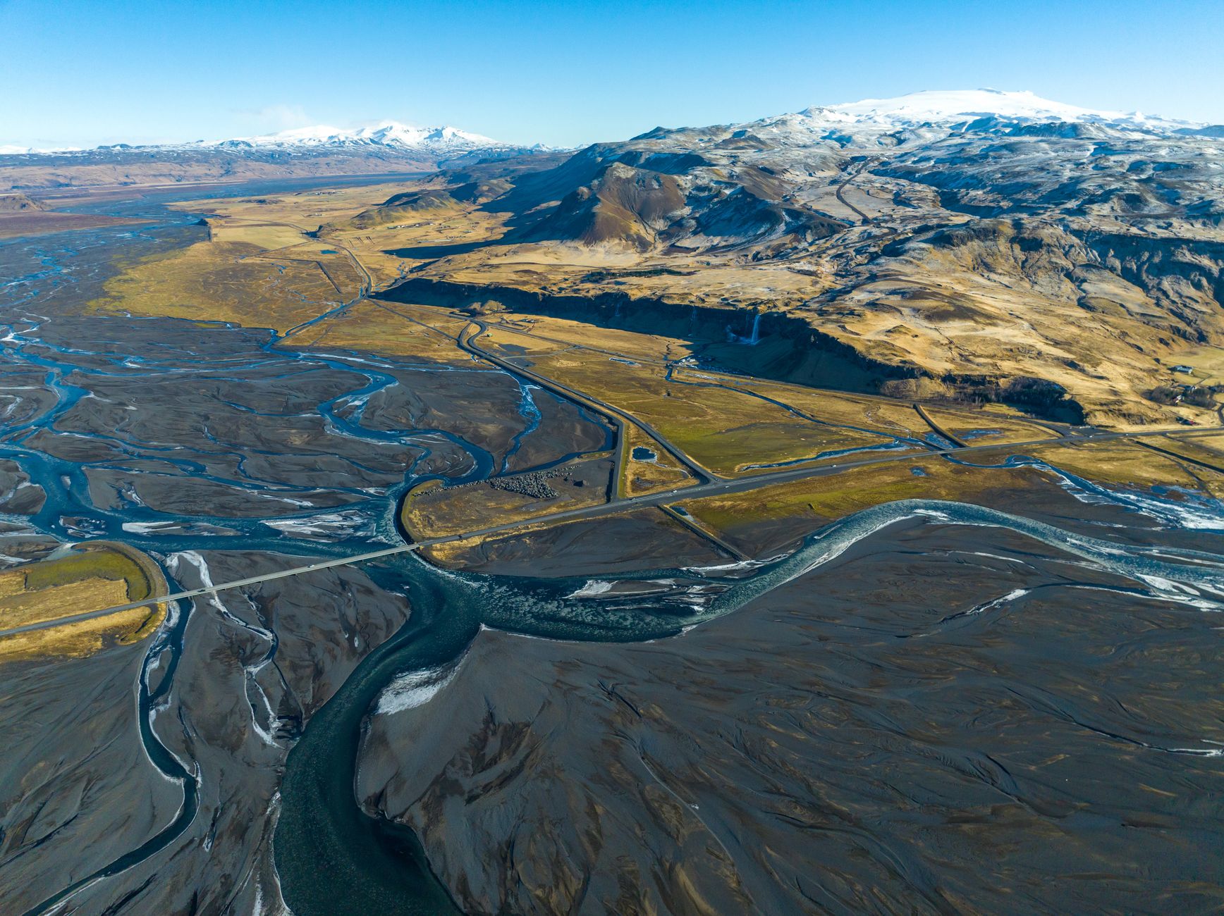 Volcanic landscape with braided glacial river